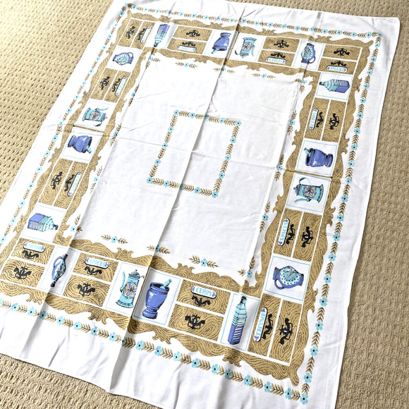 Vintage Mid Century Cotton Tablecloth Colonial Motif Blue & Tan 40" X 50" Flaw - Picture 10 of 10